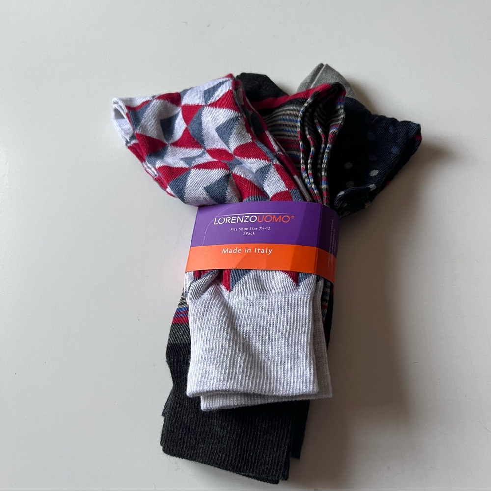 LORENZO UOMO MENS 3 PAIR PACK COTTON SOCKS MIXED PATTERNS AND COLORS OS NWT